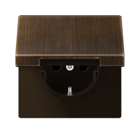 Розетка JUNG LS METAL, скрытый монтаж, с заземлением, с крышкой, со шторками, античная латунь