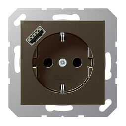 Розетка с USB Jung A 500, скрытый монтаж, с заземлением, мокко, A1520-18AMO